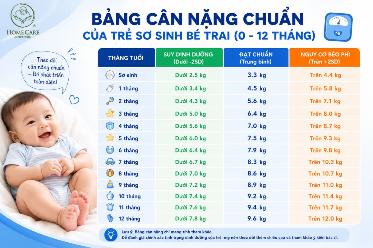 Bảng cân nặng chuẩn của trẻ sơ sinh bé trai (0 - 12 tháng) 