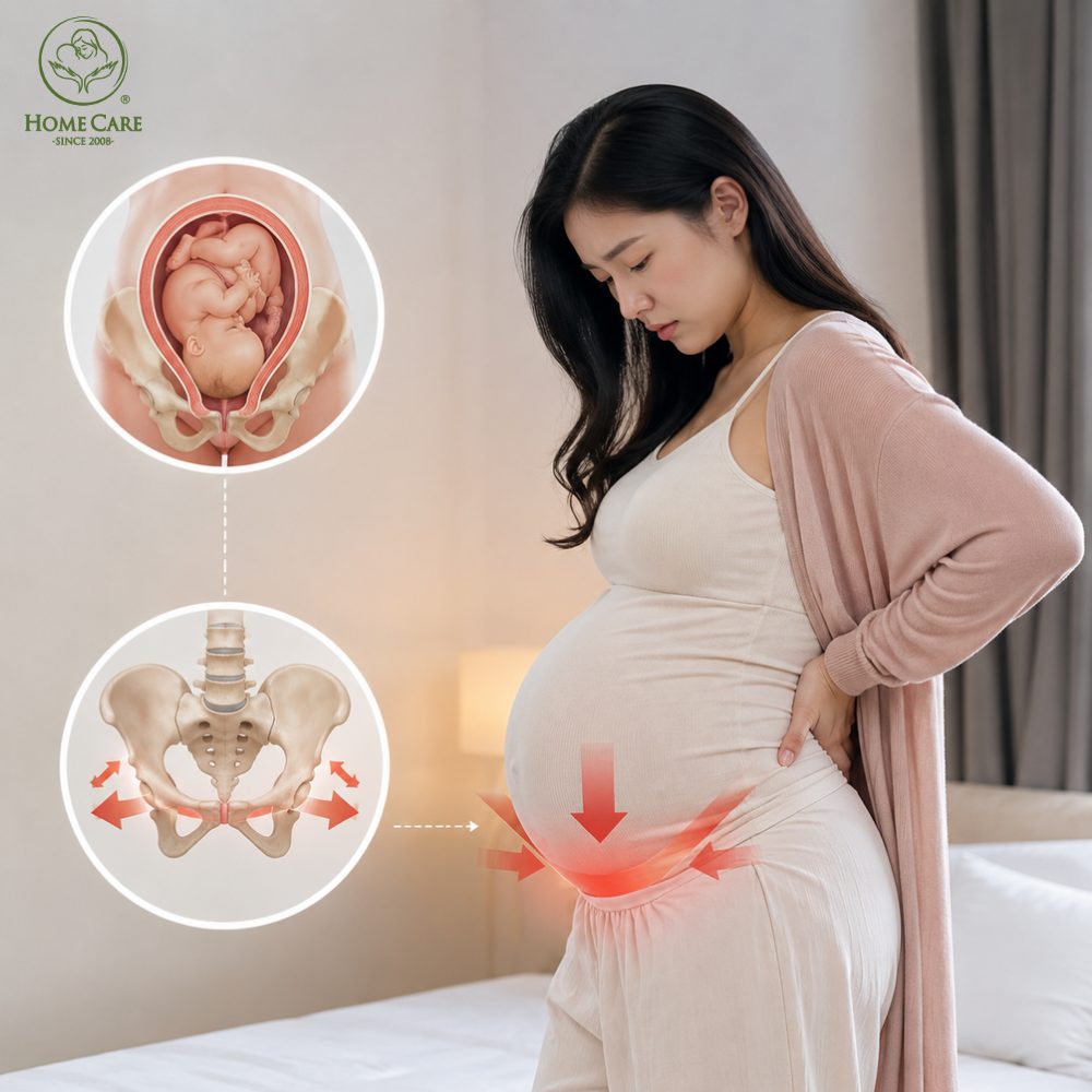 Bụng bầu tụt sâu rõ rệt kèm áp lực vùng chậu tăng mạnh
