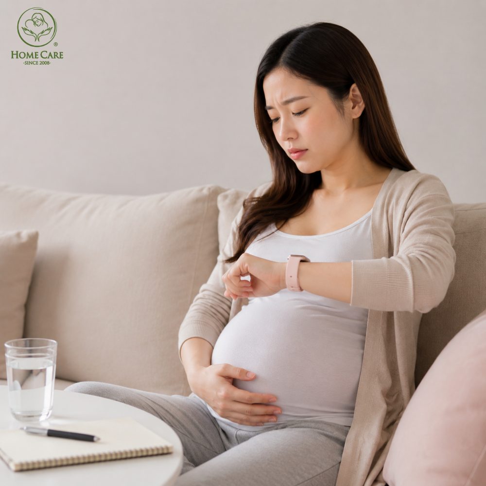 Mẹ bầu theo dõi và ghi lại tần suất các cơn co thắt tử cung