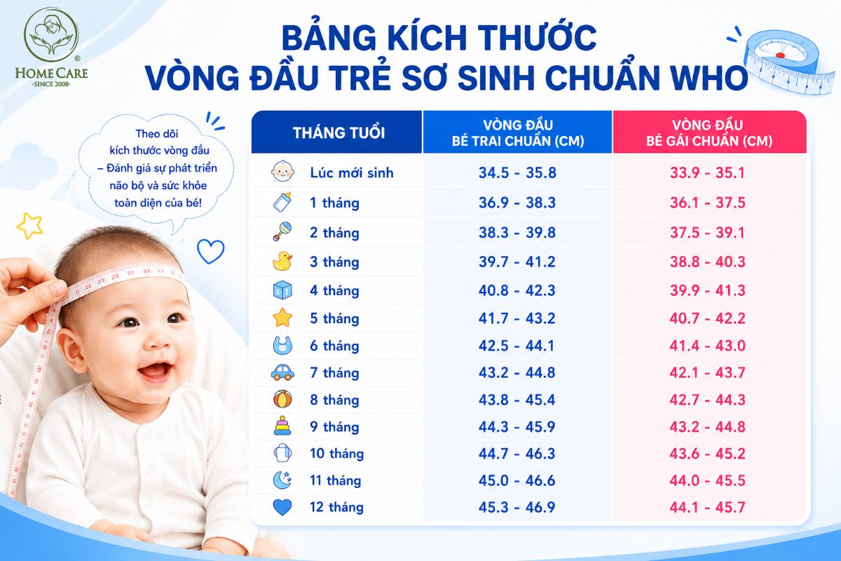 Bảng kích thước vòng đầu trẻ sơ sinh chuẩn WHO (Theo từng tháng tuổi)